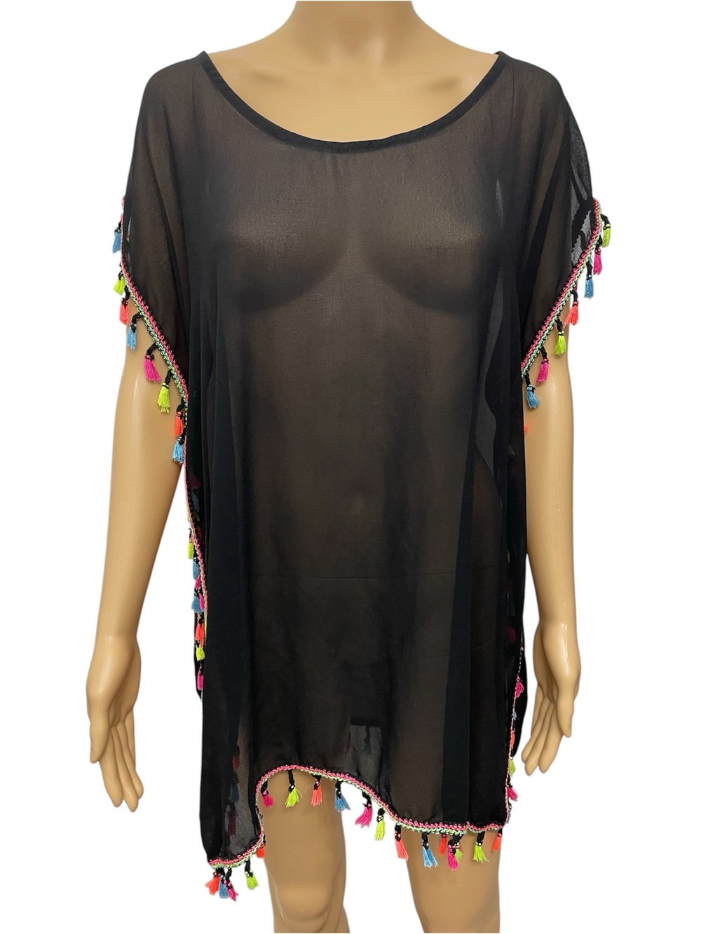 Black Sheer Colorful Tassel-Trim Swim Cover-Up Casual Top size S-M